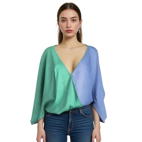 entro Tops - Entro Women's Oversized Wrap Blouse  Green/Blue Block Top  Flowing Sleeves Sz L